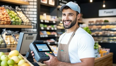 Illustration of a happy merchant using a modern point-of-sale device, symbolizing fee-free and transparent payment processing.